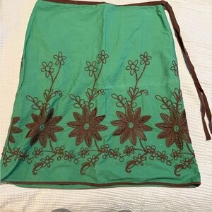 Max Studio A-Line Skirt in Green with Brown Floral Embroidery